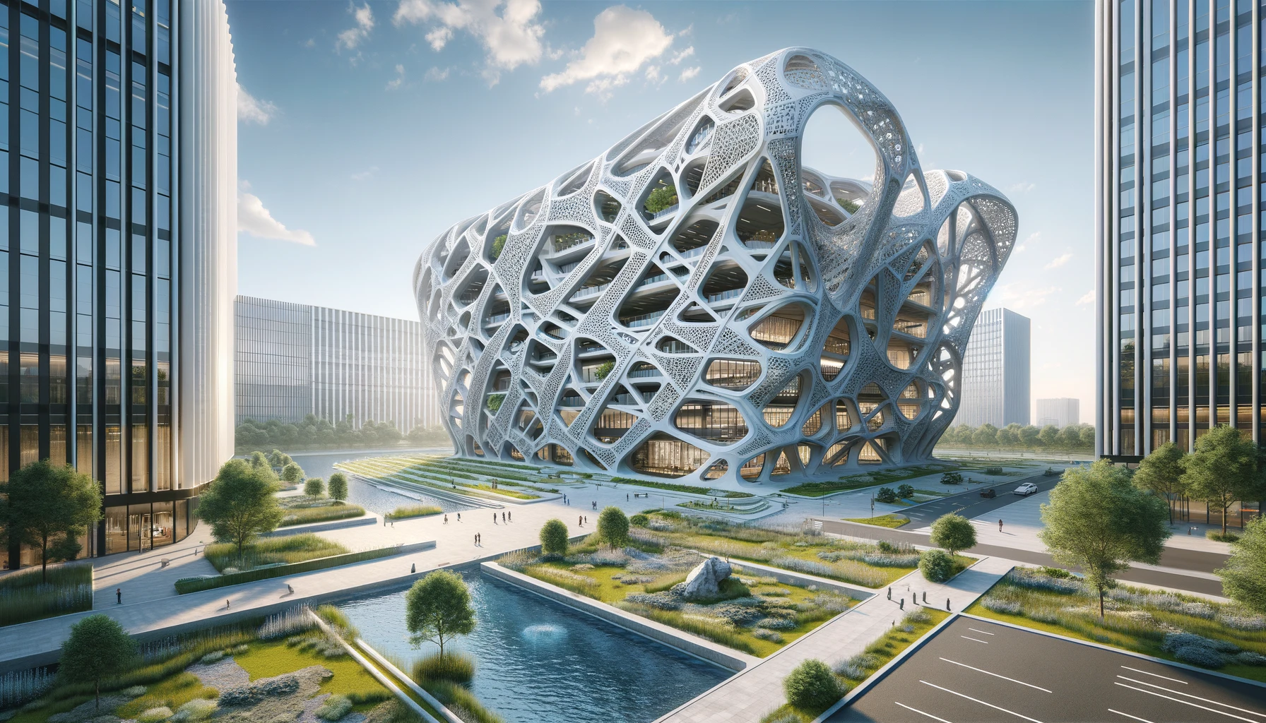 A futuristic building with a complex exoskeleton design, featuring geometric patterns and surrounded by a landscaped area with greenery and water features.