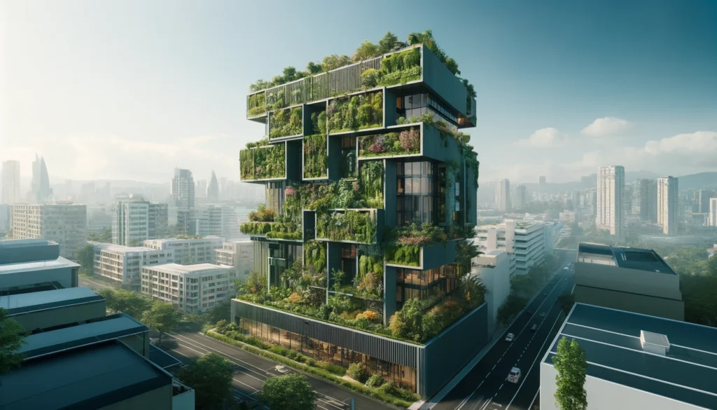 Modern sustainable building with vertical gardens, featuring lush greenery on the façade and integrated into the urban environment.