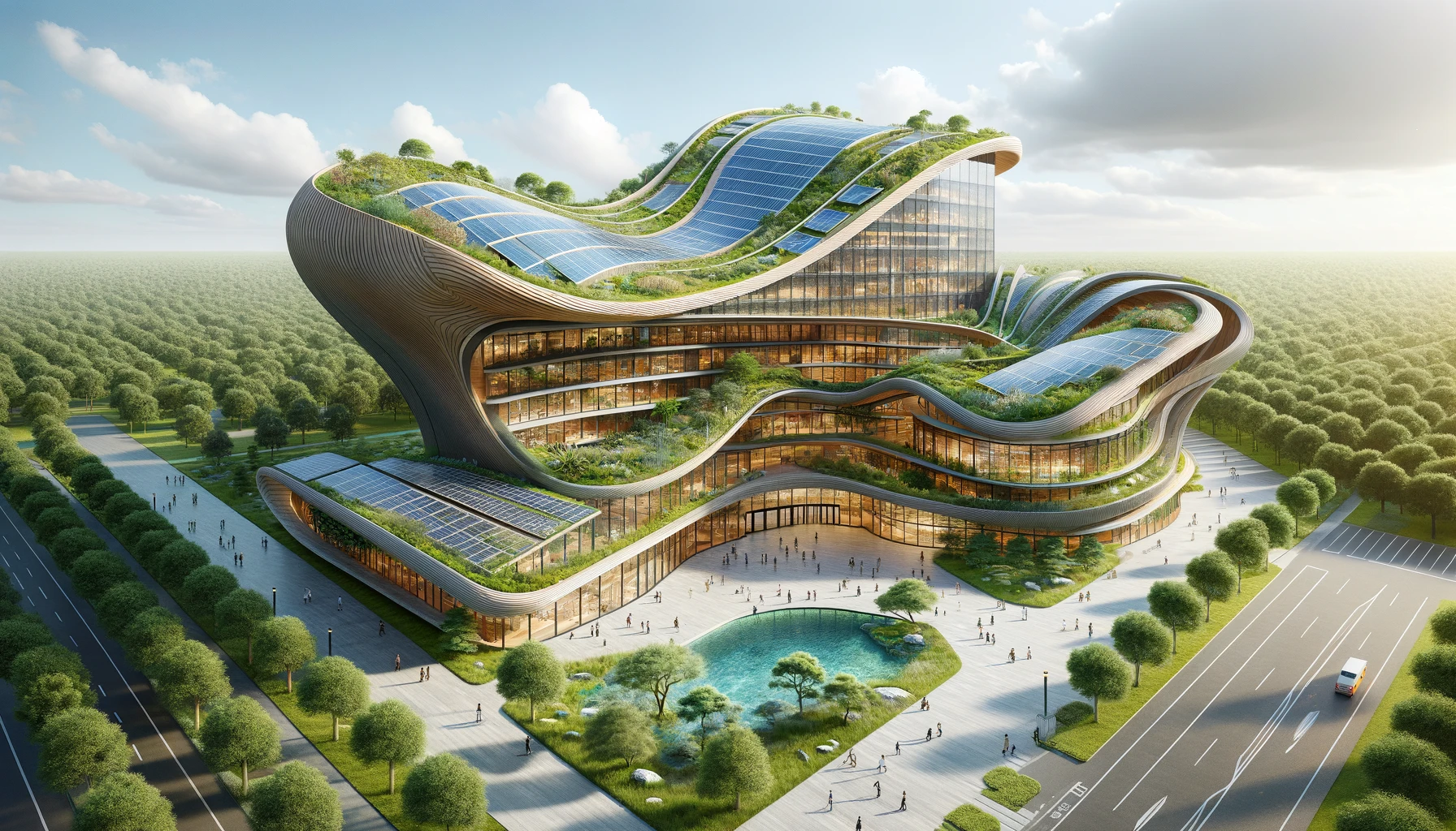 Modern futuristic building with sleek design and integrated greenery.