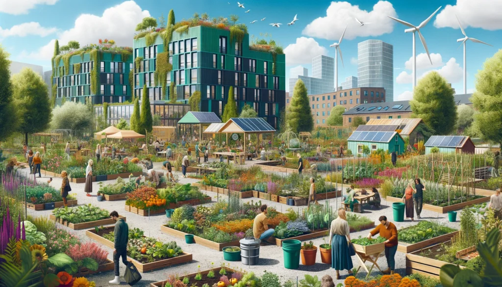 A lively urban community garden with diverse plants, people tending to the garden, and green buildings with solar panels in the background.