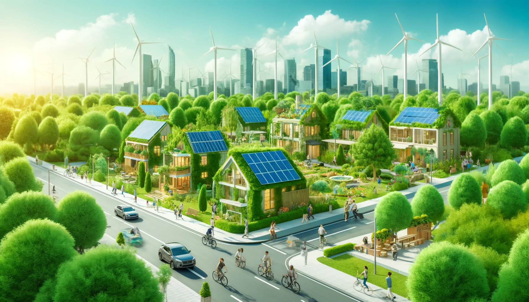 Lush green cityscape with sustainable features including solar panels, wind turbines, and community gardens.