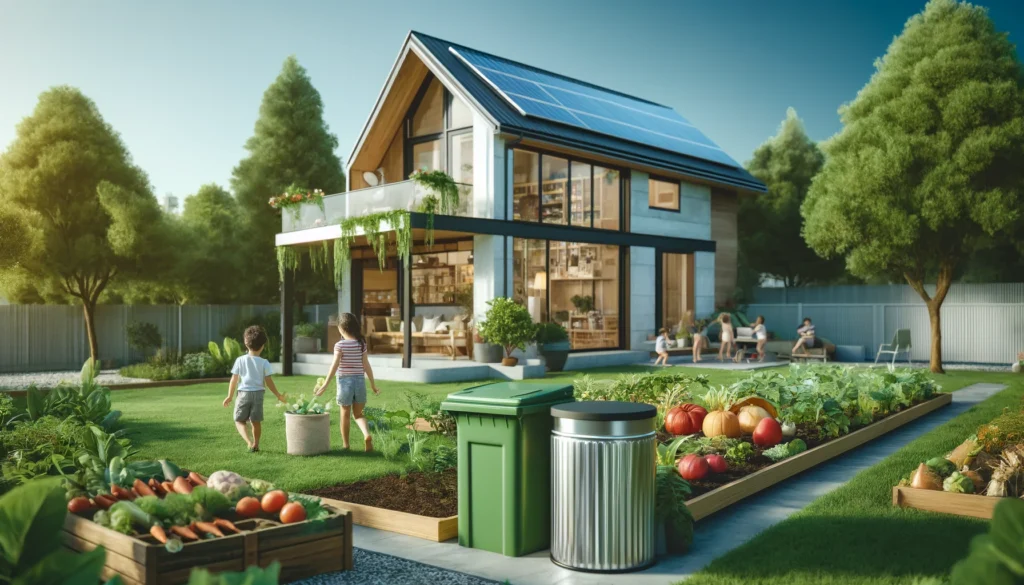 Close-up of an eco-friendly house with solar panels, a vegetable garden, and a compost bin.